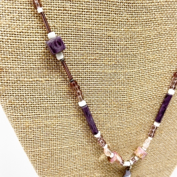 Purple ceramic cross pendant on beaded chain - Picture 5 of 8